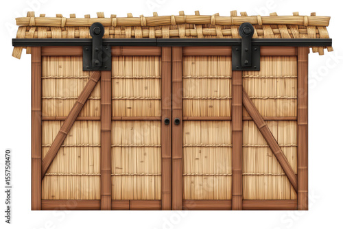 Rustic bamboo sliding doors evoking a sense of tranquil escape and tropical paradise on the on transparent background