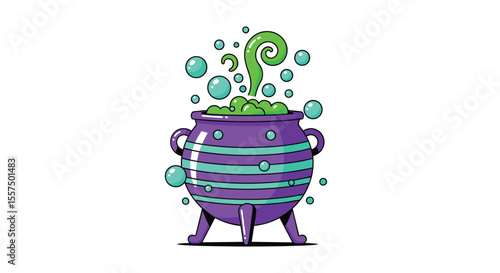 Enchanting Purple Cauldron Bubbling with Mystical Green Potion and Spiraling Steam Accented by Floating Bubbles on a White Background