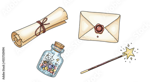 A collection of magical items including a rolled scroll tied with a ribbon a sealed envelope a bottle filled with glittering contents and a star tipped wand