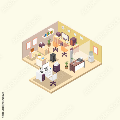 Modern Office Space Design Isometric Illustration of a Productive Workspace with Ergonomic Furniture and Efficient Layout