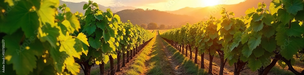 Naklejka premium Sun-Drenched Vineyard Ripe Grapes Ready for Harvest on Lush Hillside Vines