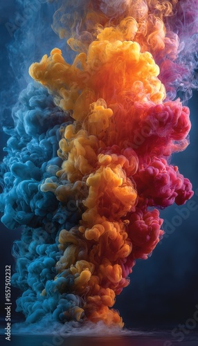 Colorful clouds of smoke, merging and exploding against a dark backdrop