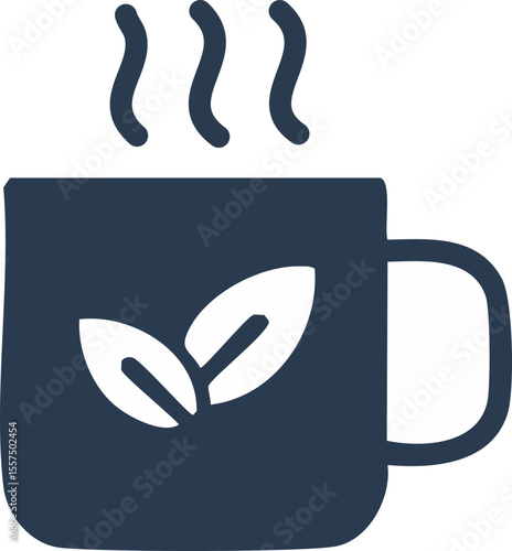 Tasse fumante noire avec détail de feuille