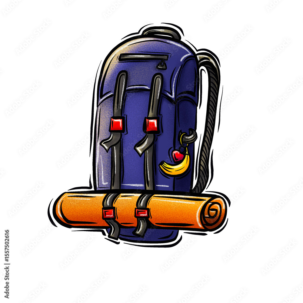 Naklejka premium Blue hiking backpack with rolled sleeping pad sticker. Perfect for outdoor adventures, camping, trekking, mountain trips, or travel-themed creative projects. 