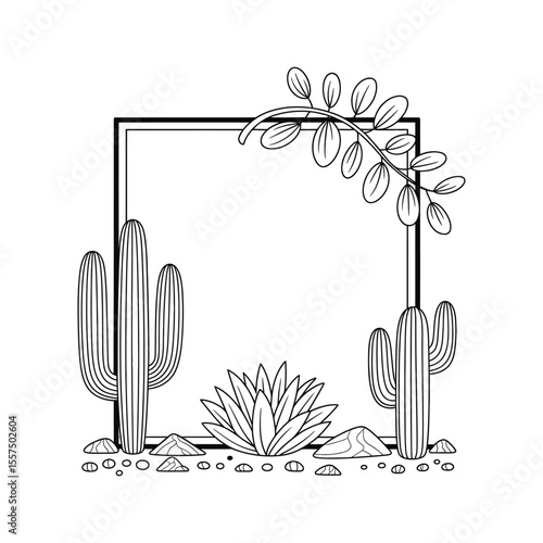 Black and white desert scene with cacti and frame cactus