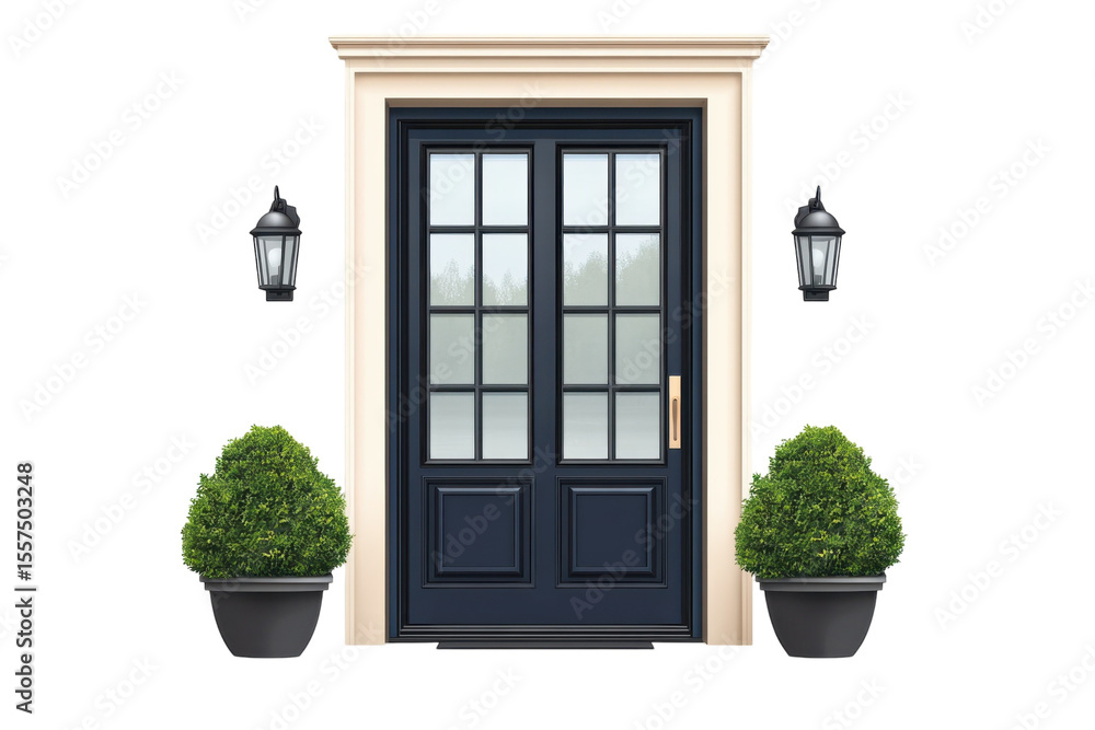 Fototapeta premium Inviting entryway with a navy blue paneled door flanked by topiaries offering welcome and on transparent background