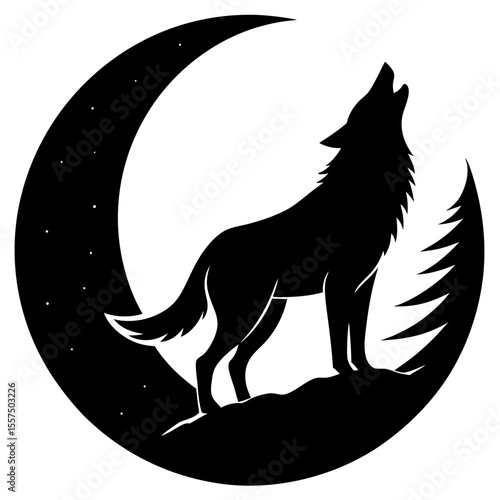 Isolated black silhouette vector illustration of a wild canine wolf howling at the moon in the night