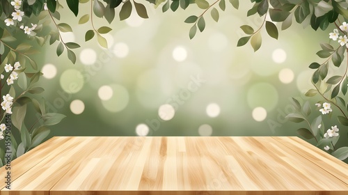 Wooden Tabletop Spring Background with Blooming Flowers and Green Bokeh