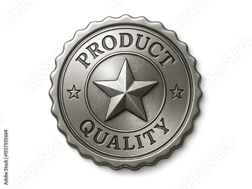 Metal badge with product quality emblem and star design Isolyate on transparent background