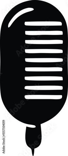 A simple stylized black and white illustration of a classic vintage microphone with horizontal lines on its grill and a teardrop shaped body