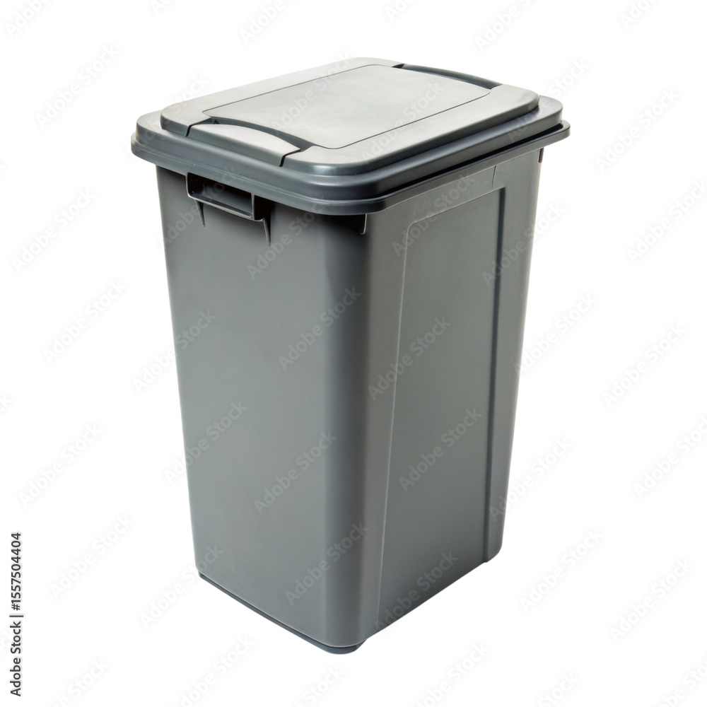 Gray trash bin with a lid for waste disposal. Gray trash bin with a lid for waste disposal.