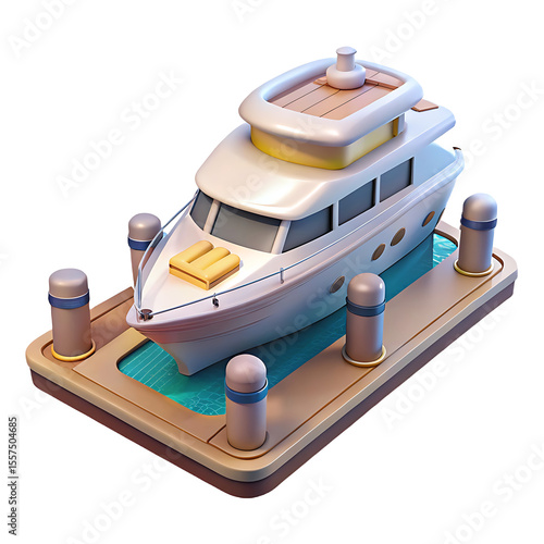 Stylized luxury yacht docked at a pier isolated on white background