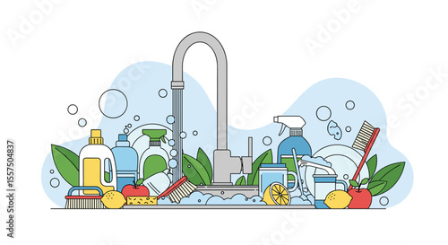 Cleaning supplies for the kitchen sink and surrounding area with lemons and brushes a fresh and natural approach to hygiene