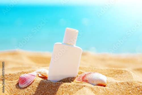 Sunscreen Lotion Bottle with Seashells on Tropical Beach Sand Against Blue Ocean Background