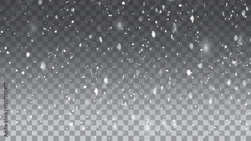 Clear snowflakes and frost white snow particles on isolated transparent background. small falling snowflakes. Snow storm effect. Vector snowfall