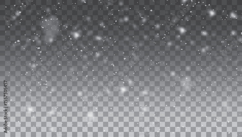 Clear snowflakes and frost white snow particles on isolated transparent background. Vector snowfall