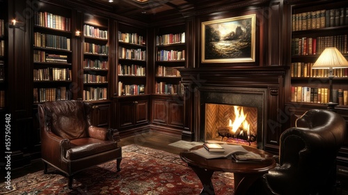 Dark wood library with fireplace and armchairs
