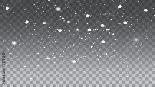 Clear snowflakes and frost white snow particles on isolated transparent background. Vector snowfall