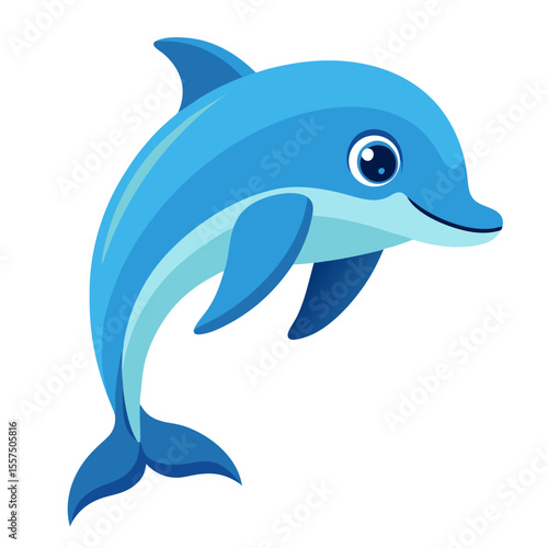 A cheerful cartoon dolphin leaps from the water rendered in shades of blue with a friendly smile and playful pose against a clean white background