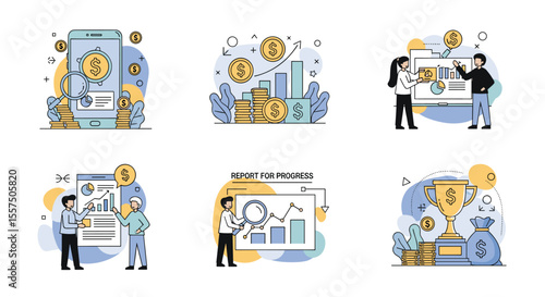 Illustrations of financial growth and investment strategies for business success
