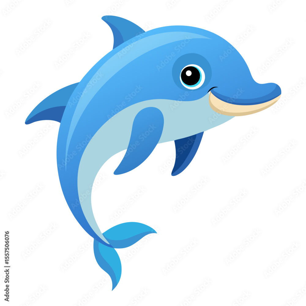 A charming cartoon dolphin with a cheerful smile rendered in shades of blue gracefully arches its body in a playful pose against a clean white A charming cartoon dolphin with a cheerful smile rendered in shades of blue gracefully arches its body in a playful pose against a clean white