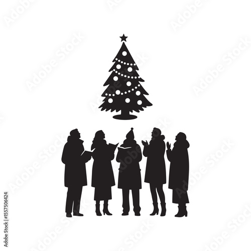 Group Singing Christmas Carols – Winter Night Silhouette Vector in Black and White