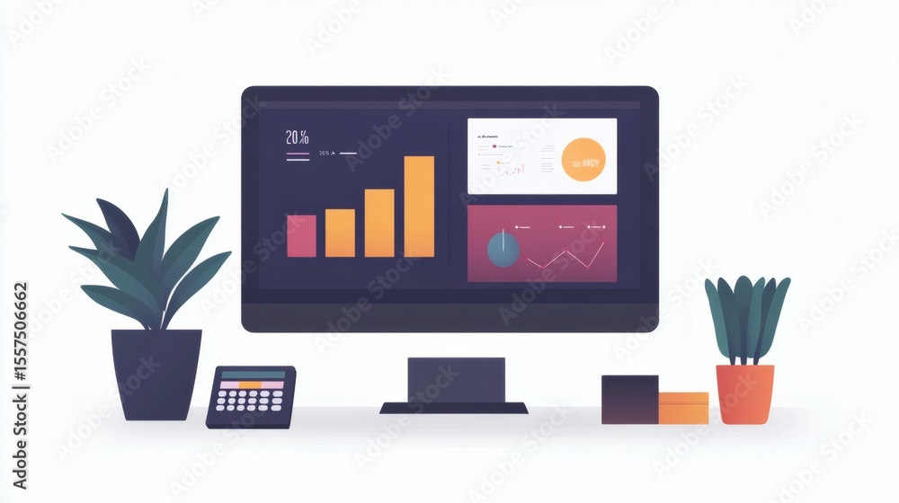 Obraz premium Desk with computer displaying business analytics graphs, charts, and data.