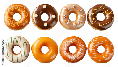 Assorted Glazed Donuts Collection – Chocolate, Caramel and Vanilla Varieties on Transparent Background for Food Marketing and Menu Design