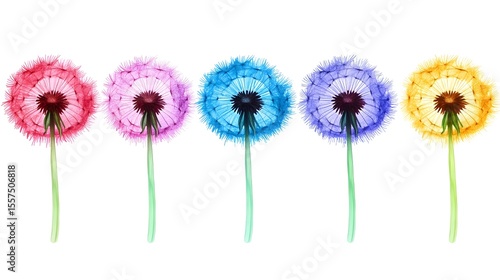 Colorful dandelion clocks against white, design element