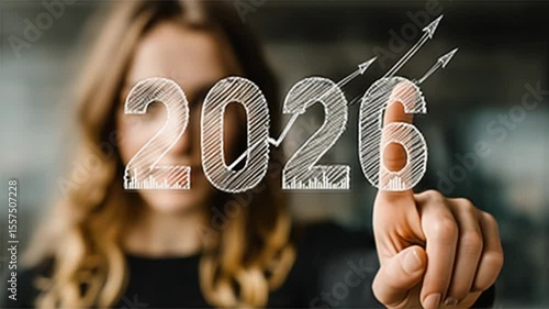 Woman points to year 2026 with financial growth chart and upward pointing arrows