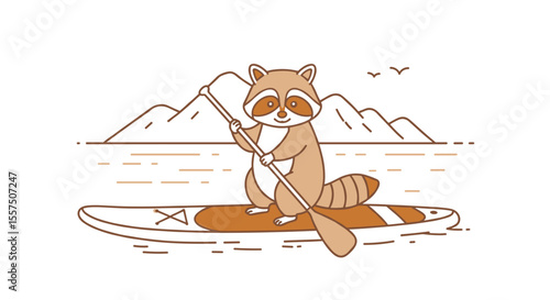 Adorable raccoon on paddle board enjoying summer day. Happy raccoon on paddleboard in calm lake. Summer vacation concept featuring cute raccoon enjoying water sports.