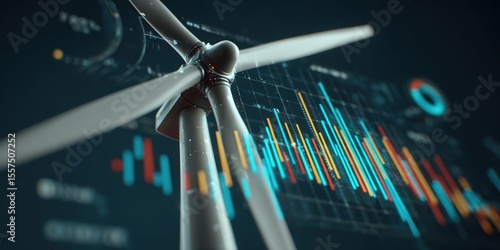 energy stock power trading. Wind turbine with digital analytics representation in a modern design.