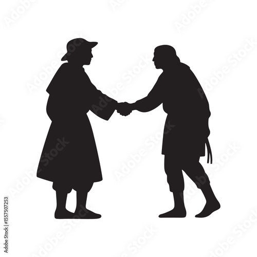 Pilgrim and Native American Shaking Hands – Unity Silhouette Vector in Black and White
