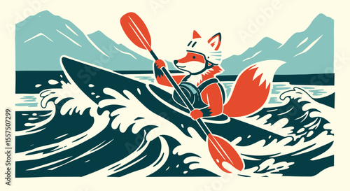 Red fox kayaking in ocean waves. Adventurous fox in kayak navigating powerful waves.  Wildlife kayaking image perfect for outdoor adventure apparel, travel posters, and kayaking club brochures.