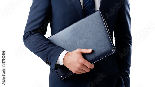 a professional man in navy suit holding leather portfolio folder on transparent background PNG
