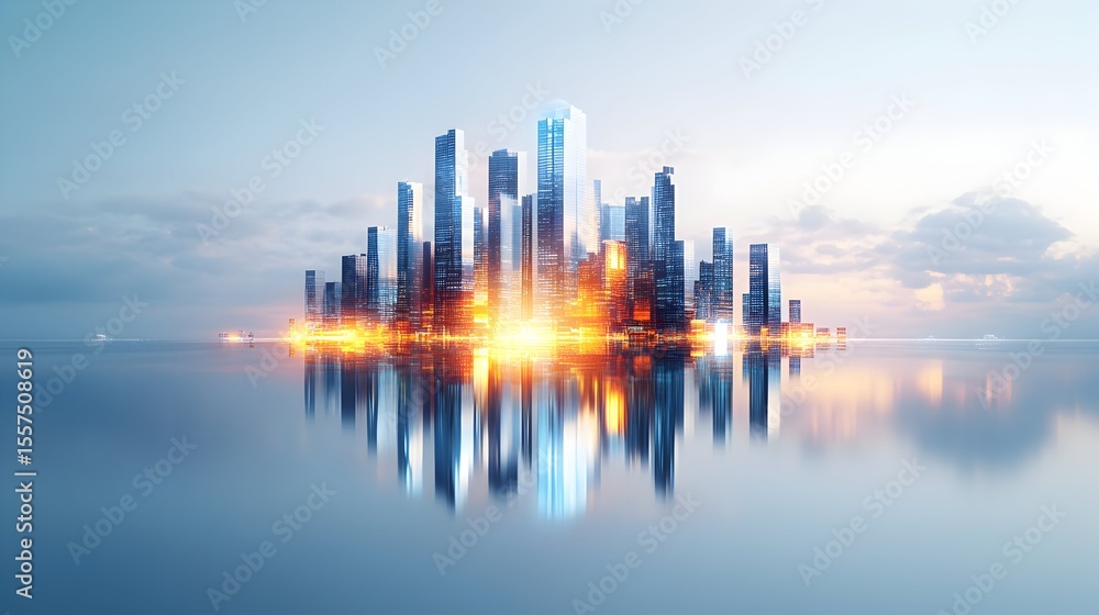 Obraz premium Futuristic city skyline reflecting at dawn, waterfront, urban development
