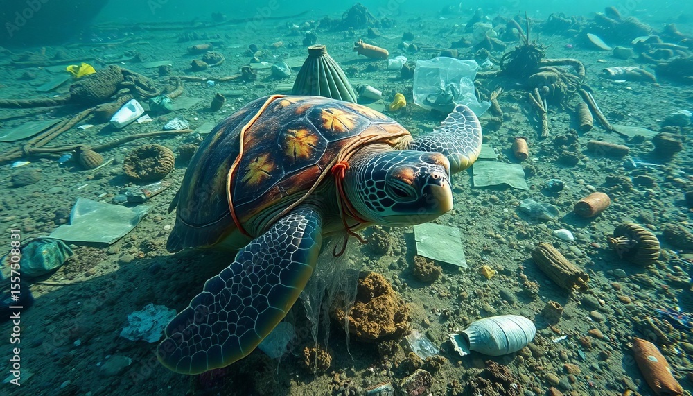Fototapeta premium A sea turtle entangled in plastic debris on a polluted ocean floor, plastic, ocean life