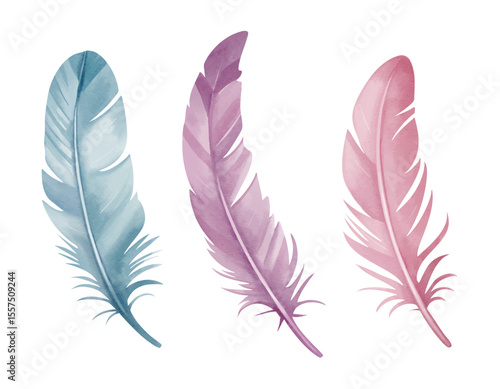 Watercolor feather set with fantasy vibes in soft pink and purple tones for ethereal and dreamy design