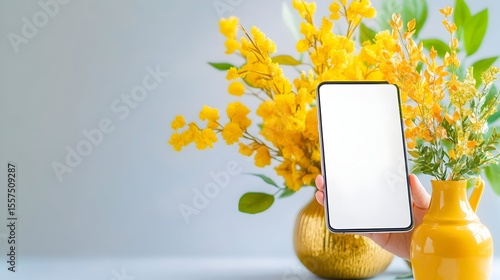 Hand holding blank phone screen, yellow flowers, spring background, mockup