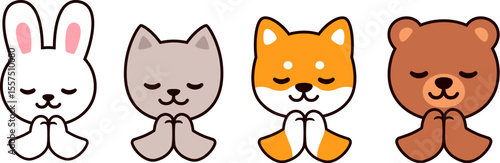 Cute cartoon animals praying. Bunny, cat, dog and bear with paws folded in prayer. Simple kawaii characters drawing, vector illustration set.
