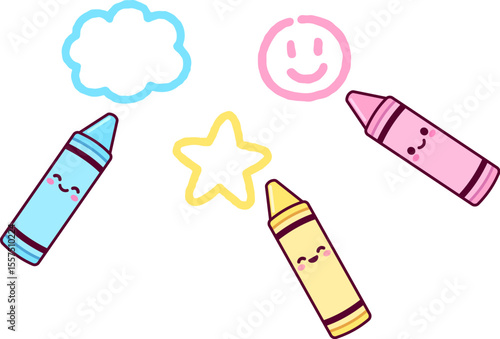 Cute cartoon crayons drawing doodles. Three colorful crayons with funny kawaii faces. Vector clipart illustration.