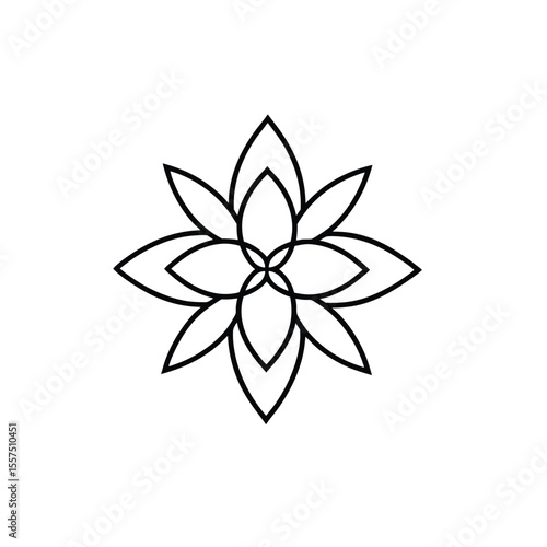 Abstract flower design with symmetrical petals in black outline art