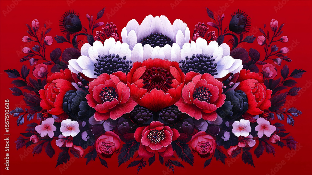 Fototapeta premium Red background floral arrangement, dark blooms, website header
