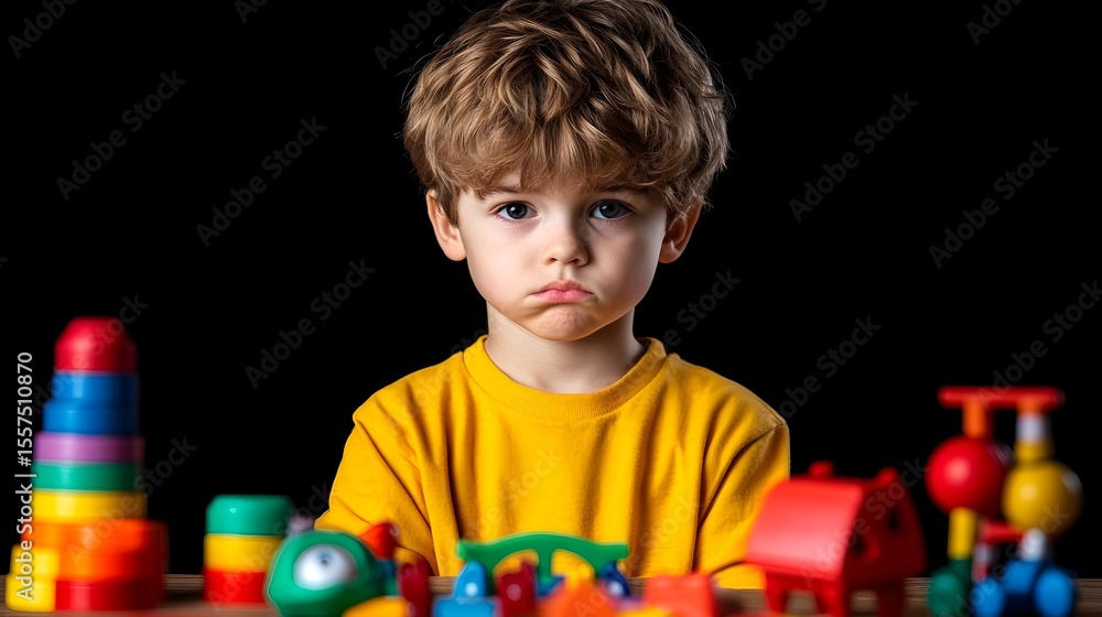Obraz premium Sad toddler playing toys, dark background, studio shot, child development