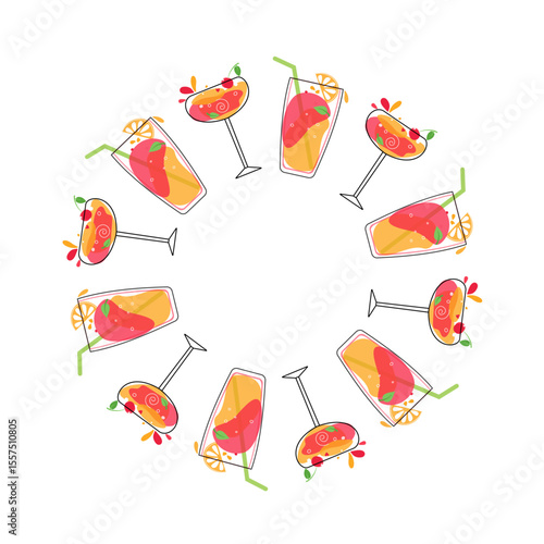 Frame, banner, fruit cocktails. Multicolored drinks in wine glasses. Mixed cold drinks. Alcohol, lemonade. Flat icons, white isolated background with place for text.