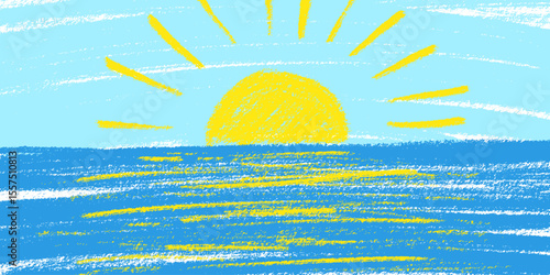 sunset over sea background. Crayon kid landscape with sunset over sea. Vector ocean, yellow sun, blue sky, cloud child wax pastel painting. Spring nature sea landscape crayon illustration background.