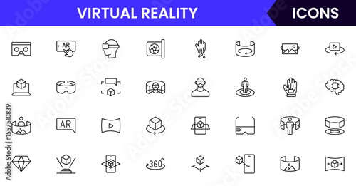 Vector illustration web line icon collection for Virtual Reality, featuring sleek headsets, controllers, and immersive digital worlds, designed with modern, minimalist aesthetics.