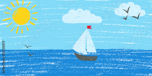 Sea summer beach landscape background. Crayon kid landscape with yacht boat. Vector ocean, yacht boat, sun, blue sky, cloud child wax pastel painting. Sea landscape crayon illustration background.