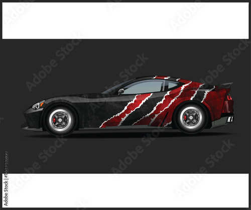 Black Sports Car with Red and White Graphic Wrap Design