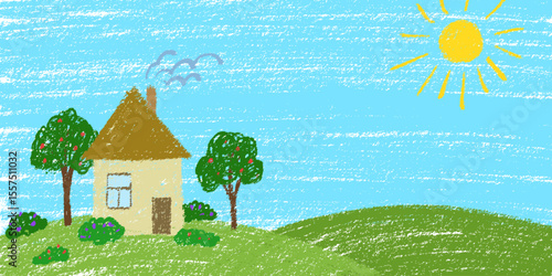 House and garden background. Crayon kid landscape with spring field. Vector green grass, house, sky, cloud child wax pastel painting. Spring nature meadow landscape crayon illustration background